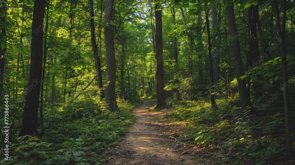 Poster Sunlight Filtering Through a Dense Forest Path at Dawn