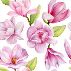 Magnolia blooming flowers. Spring Seamless pattern. Pink flower branch. Design floral background hand-painted watercolor