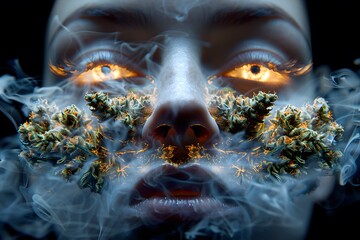 Womans Face Covered in Smoke and Marijuanas - obrazy, fototapety, plakaty