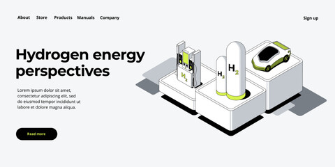 Green economy and renewable energy concept in isometric vector illustration. Hydrogen electric car and h2 fuel vehicle. Sustainable power plants for clean earth environment