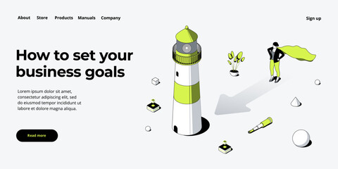 Business vision and mission vector illustration in isometric design. Strategy and corporate goal concept with lighthouse and running female. Web banner layout.