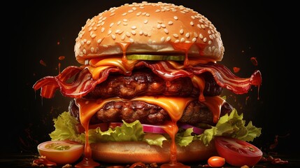 Massive double bacon cheeseburger, realistic, high-definition details - obrazy, fototapety, plakaty