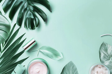 Banner ad for beauty products and leaf background. - obrazy, fototapety, plakaty