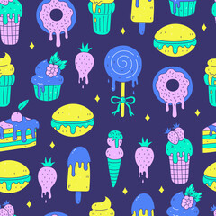 Melting sweets colorful doodle seamless pattern. Modern 90s y2k food repeat vector illustration. Flowing desserts with liquid cream glaze berries and fruits. Cartoon eatery background - obrazy, fototapety, plakaty