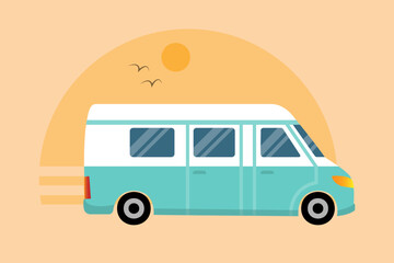 Camper van illustration, summer caravan lifestyle, travel van.
