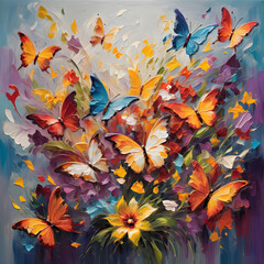 An oil painting capturing the delicate interplay between blossoms and a graceful butterfly, the scene alive with vibrant colors and gentle movement.