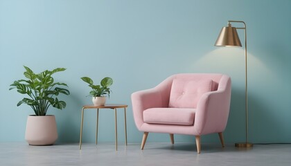 The interior has a pink armchair and green plants, lamp, table on empty blue wall background