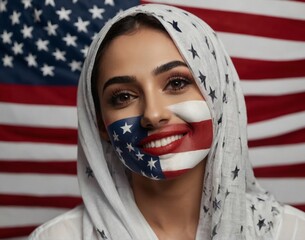 Young woman face portrait with the USA flag make up celebrating Independence Day 