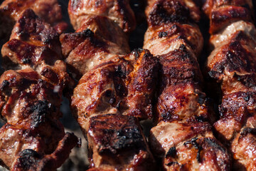 The meat is baked on a skewer on a skewer. Skewers background and texture. Delicious meat with skin.