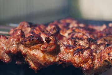 The meat is baked on a skewer on a skewer. Skewers background and texture. Delicious meat with skin.