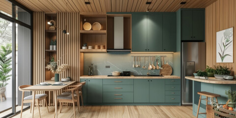 minimalist kitchen with dark green cabinets and light wood accents, Scandinavian  interior gren kitchen,  - obrazy, fototapety, plakaty