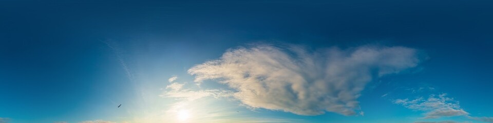Sunset sky panorama with bright glowing pink Cumulus clouds. HDR 360 seamless spherical panorama. Full zenith or sky dome in 3D visualization, sky replacement for aerial drone panoramas.