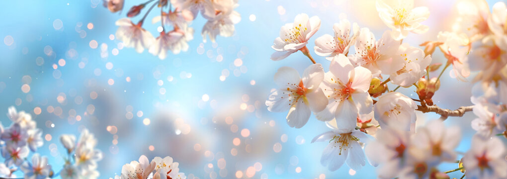 White cherry blossoms on a blue sky background banner with space for copy, representing spring. White flowers of a flowering tree in sunlight, with a natural background