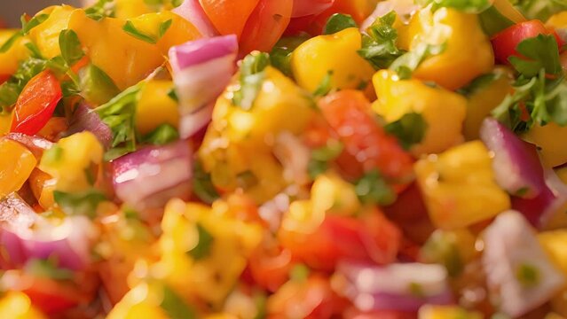 A close up view of a salad featuring vibrant pieces of pineapple, thinly sliced red onion, and fresh cilantro leaves.