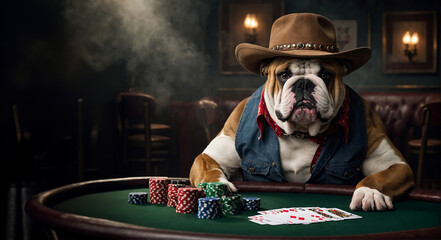 A bulldog sits at a poker table wearing a cowboy hat.