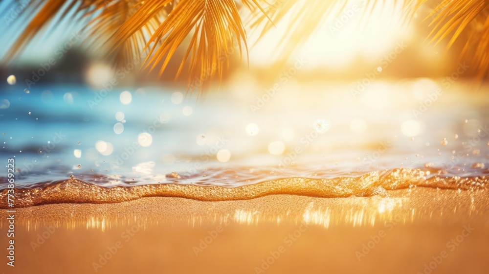Poster a beautiful beach scene with a palm tree in the foreground