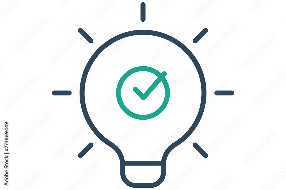 Poster solution icon. light bulb with check mark in circle. icon related to action plan, business. line ico