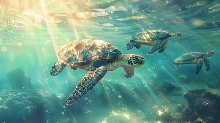 Fototapeta premium Sea Turtles Gliding Gracefully Underwater
