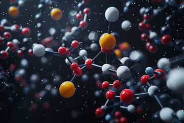 Molecular bonding model with chemical compounds on dark background. Model of organic chemical formula. Science concept