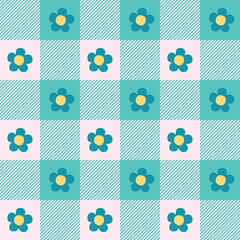 Checkered textile seamless blue pattern with cute flowers. Vector tartan plaid background in flat style.	