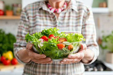 Middle aged woman stands in a kitchen holding a bowl of vegetable salad, Diet and healthy meals