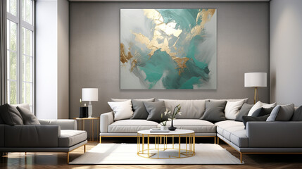 Bright living room with a panoramic window on the entire wall, a chic gray sofa and a beautiful abstract painting in turquoise and gold tones - obrazy, fototapety, plakaty
