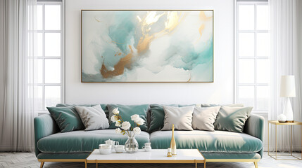 Modern interior of the living room with panoramic windows on the entire wall, a chic turquoise sofa and a creative abstract painting in turquoise and gold tones - obrazy, fototapety, plakaty