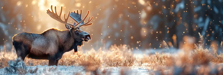 Rideaux occultants Orignal moose alces with horns in a snowy winter field on forest at sunset background close-up
