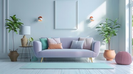 Fototapeta premium Comfortable and Modern Living Room with Sofa and Table Lamp - Bright and Cozy Interior Design