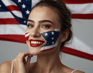 Young woman face portrait with the USA flag make up celebrating Independence Day 