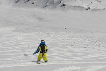 Ski, Snowboard freeride i deep powder snow. Gudauri Georgia Caucasus resort. Freeride in Caucasus...