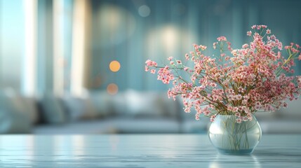 Pink Flowers in Vase on Table - obrazy, fototapety, plakaty