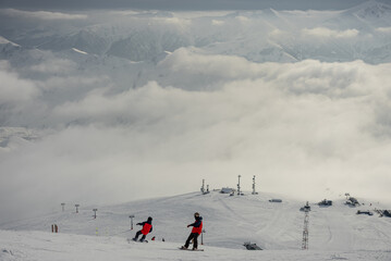 Ski, Snowboard freeride i deep powder snow. Gudauri Georgia Caucasus resort. Freeride in Caucasus...