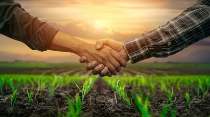 Workers shake hands against the background of a field sown with green shoots of young wheat. - obrazy, fototapety, plakaty