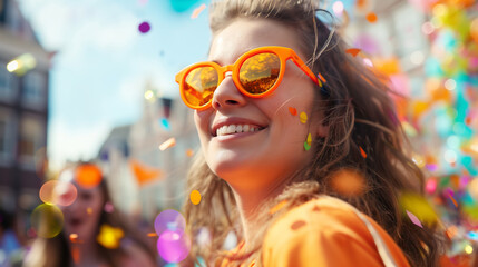 Smiling young woman in orange clothes in Amsterdam during the King's Day national Dutch holiday or Holland football team support. Kingsday celebration in the Netherlands - obrazy, fototapety, plakaty