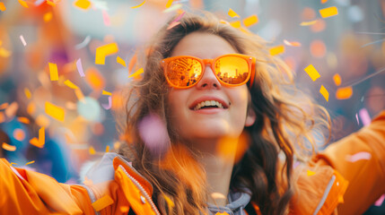 Kingsday celebration in the Netherlands. Young woman in orange clothes and sunglasses in Amsterdam during the King's Day national Dutch holiday or Holland football team support - obrazy, fototapety, plakaty