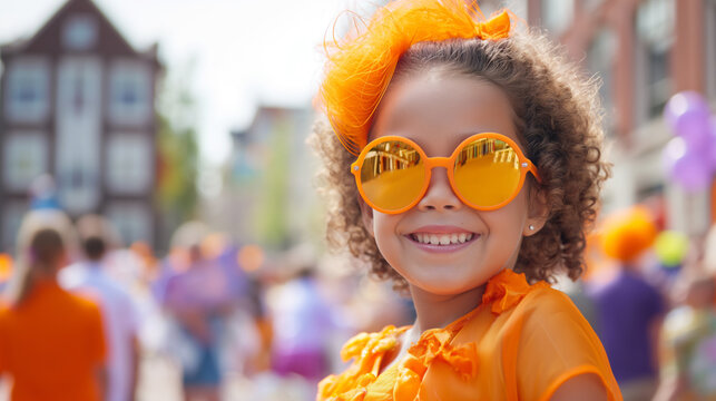A smiling happy girl in orange clothes and sunglasses in Amsterdam during the King's Day national Dutch holiday or Holland football team support. Kingsday celebration in the Netherlands. Copy space - Powered by Adobe