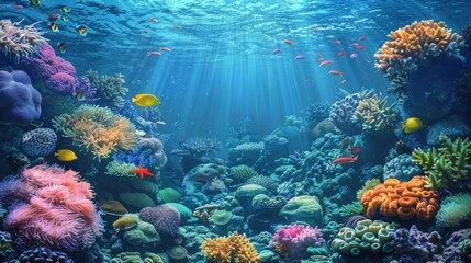 Fototapeta na wymiar Sunbeams Illuminating Coral Reef Underwater