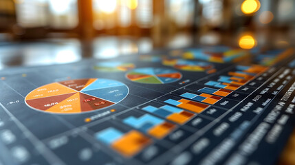 A close-up of Focused Business Analysis Concept with Colorful Pie Charts and strategy and market research Visualizations background