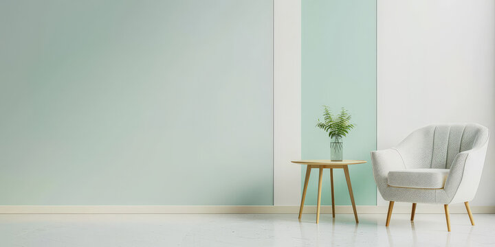 empty green wall with wooden floor and light blue armchair in a minimal interior living room, Minimalist home design