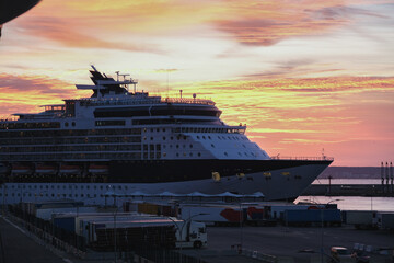 Modern cruiseship or cruise ship liner Infinity arrival into Palma de Mallorca, Spain cruise port in Balearic Islands for Mediterranean summer cruising on family vacation