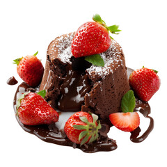 A close-up of a chocolate lava cake with melting center, garnished with fresh strawberries, isolated on transparent background