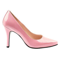 Pink ladies shoe side view, pink pump shoe on white background