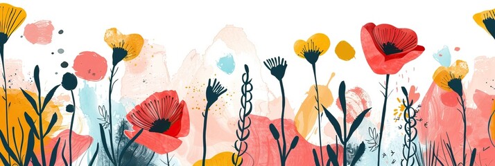 A playful scribble-inspired wildflower collection, where abstract doodles and editable lines create a joyful art piece. - obrazy, fototapety, plakaty