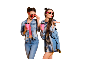 Photo of two leisure lifestyle gorgeous nice adorable good-looking brunette hair lady in glasses spectacles look aside isolated on yellow shine background send air kiss hold coffee in hands