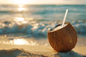 coconut cocktail stands on a beach by the sea, coconut cocktail stands on a beach by the ocean