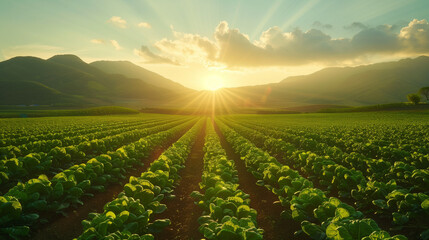 A picturesque agricultural landscape is illuminated by the golden hour sunlight, casting a warm glow over the orderly rows of crops, while mountains loom in the background. - obrazy, fototapety, plakaty