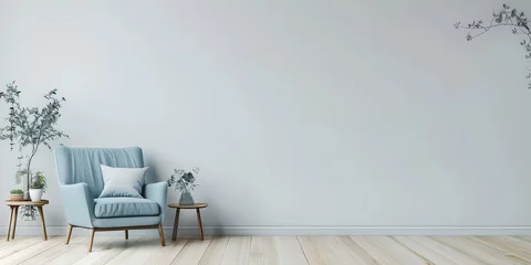Fototapeten empty White wall with wooden floor and light blue armchair in a minimal interior living room, Minimalist home design © Planetz