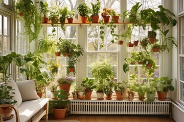 Fototapeta na wymiar Hanging Plants and Vertical Garden Design Ideas for an Airy and Bright Sunroom