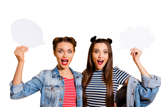 Close up two gorgeous nice adorable  brunette hair lady in casual denim jeans street style stylish wear look at camera with open mouth staring eyes hold think cloud in hands isolated on yellow wall - Powered by Adobe